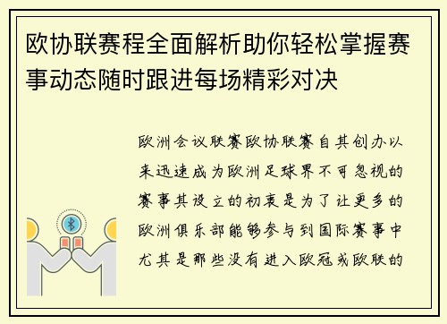 欧协联赛程全面解析助你轻松掌握赛事动态随时跟进每场精彩对决